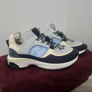 Chanel Fabric Suede Calfskin Mesh Womens CC Sneakers 37 Black Blue Ivory